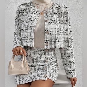 Plaid Pattern Crop Tweed Jacket & Button Front Skirt